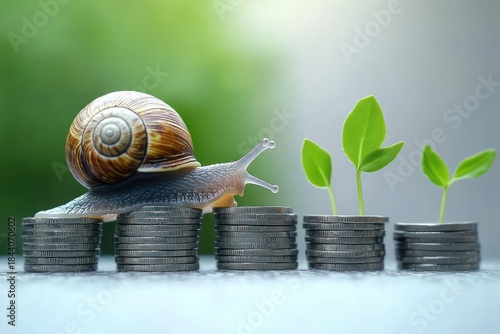 patient snail crawling across stacks of coins beside small green seedlings, symbolizing slow steady growth and hopeful progress