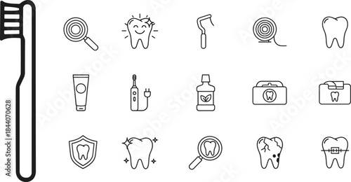 Dental care icons set with toothbrush toothpaste teeth symbols, oral hygiene dentistry outline illustration isolated on white background, vector minimal