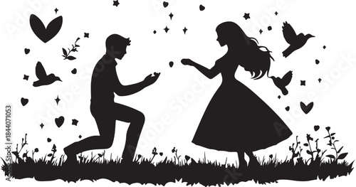 Girl and boy silhouette illustration of a dancing couple, vector art of love and romance, black fashion of the bride and groom