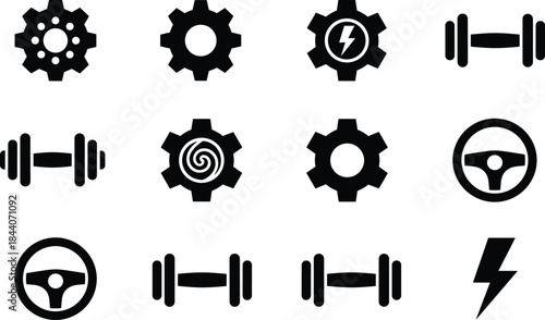 Gear icons, dumbbell symbols, steering wheel, lightning bolt, mechanical vector, fitness icon, energy sign, black line, stylized, minimal, interface, workout, power, transport, solid gear
