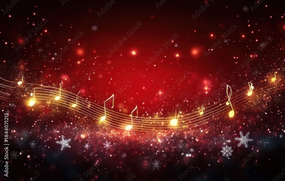 Obraz premium glowing golden musical notes on a wavy staff over a sparkling red background with snowflakes, festive joyful atmosphere