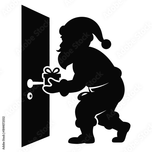 A delightful black silhouette of santa claus delivering a present to a doorstep, depicting a thoughtful and festive act of giving during the holiday season, perfect for seasonal promotions