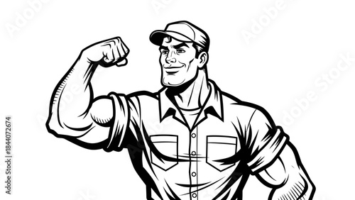 Strong Mechanic Flexing Muscle Line Art – Powerful Worker Cartoon Illustration