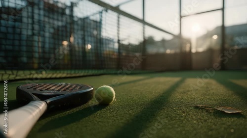 Padel tennis close-up with racket and ball on green grass court