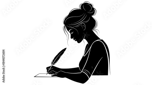 Silhouette of Woman Writing with Quill – Elegant Literary Female Illustration