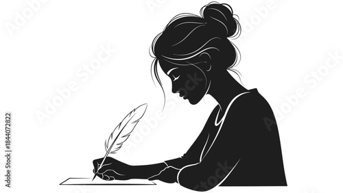 Silhouette of Woman Writing with Quill – Elegant Literary Female Illustration