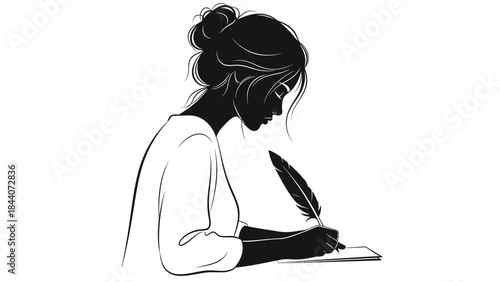 Silhouette of Woman Writing with Quill – Elegant Literary Female Illustration