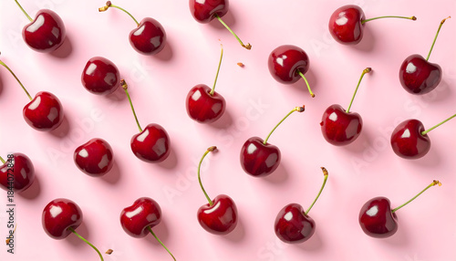 Fresh red cherries scattered on a soft pink background, forming a stylish flat lay with a sweet, colorful, and modern aesthetic suitable for food and summer themes.