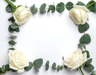 Frame of white roses and eucalyptus on a white background, leaving center open for text