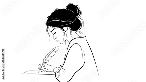 Silhouette of Woman Writing with Quill – Elegant Literary Female Illustration