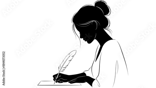Silhouette of Woman Writing with Quill – Elegant Literary Female Illustration