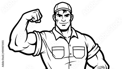 Strong Mechanic Flexing Muscle Line Art – Powerful Worker Cartoon Illustration