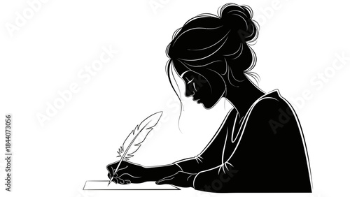 Silhouette of Woman Writing with Quill – Elegant Literary Female Illustration