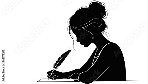 Silhouette of Woman Writing with Quill – Elegant Literary Female Illustration