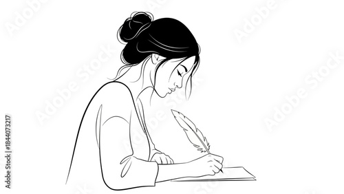 Silhouette of Woman Writing with Quill – Elegant Literary Female Illustration