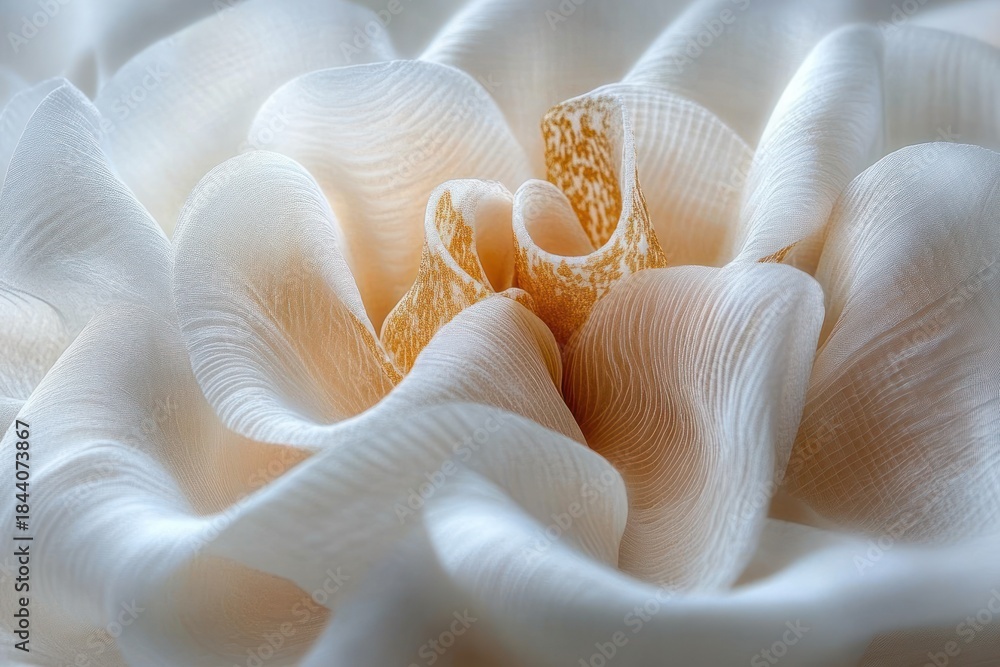Fototapeta premium Close-up of creamy ruffled fungus with translucent layered gills and delicate petal-like folds, soft lighting conveying calm and fragile ethereal texture