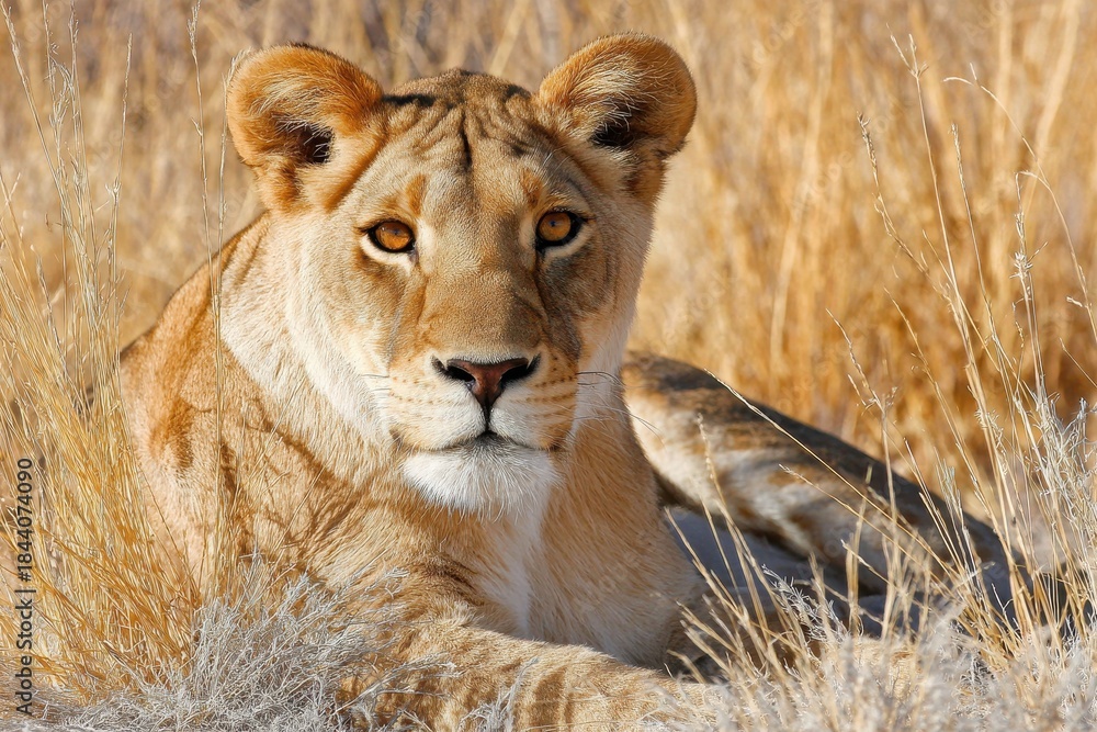 Obraz premium A Majestic Lioness Resting in Golden Savanna Grass Outdoors