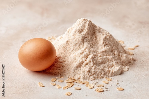 A heap of oat flour next to an egg on a ceramic surface