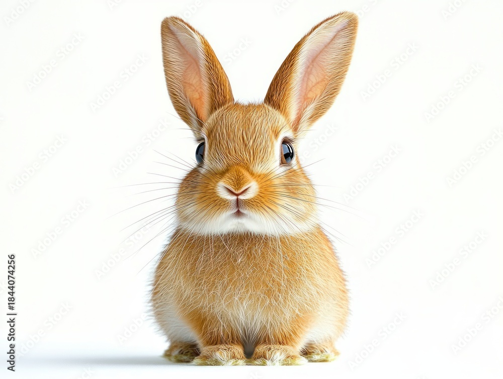 Obraz premium small fluffy brown rabbit sitting front-facing on a clean white background with upright ears, bright curious eyes and innocent expression