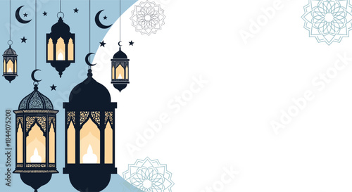 Beautiful illuminated Ramadan lanterns hanging with celestial elements on a serene blue and white decorative background.