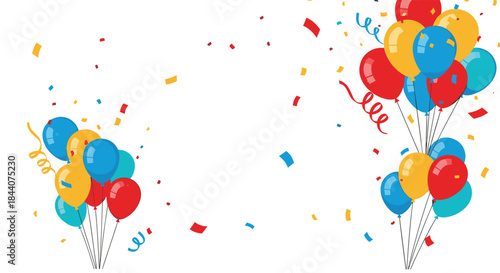 Colorful balloons and falling confetti on a clean white background, creating a festive atmosphere for parties, birthdays, and celebrations.