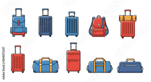 A collection of colorful and diverse travel bags and suitcases, including wheeled luggage, backpacks, and duffle bags, ready for a journey or vacation.