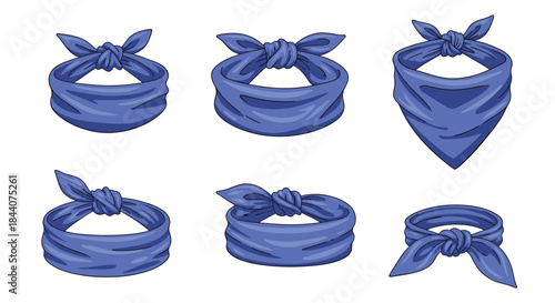 A collection of blue bandanas and headscarves displayed in various stylish knots and folds, perfect for fashion accessories.
