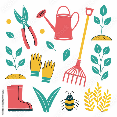 Illustration of gardening tools including boots watering can rake and plants on white background