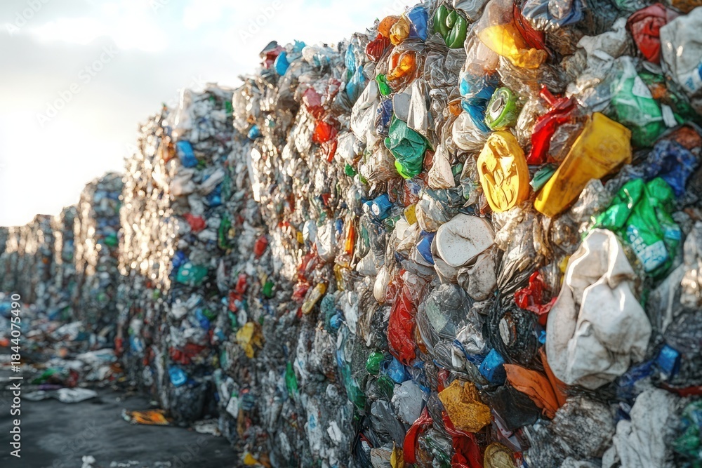 Fototapeta premium Rows of compressed colorful plastic waste bales stacked outdoors in bright sunlight, a striking scene conveying pollution and environmental concern