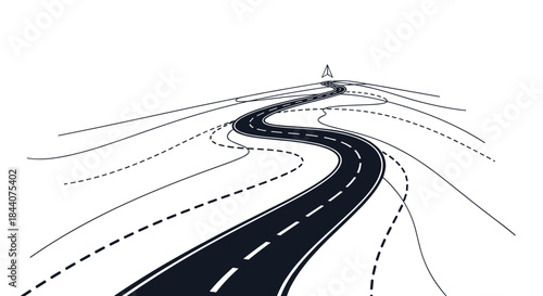 A winding road extends into the distance with dashed lines and a compass needle, symbolizing a journey, navigation, and future direction.