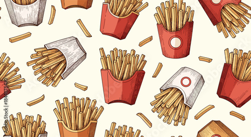 A delightful seamless pattern featuring hand-drawn french fries in classic red, white, and brown fast-food containers, against a light background.
