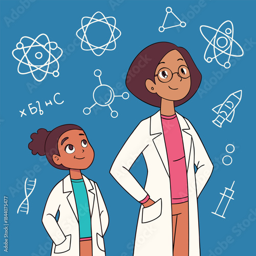 Illustration of a woman and a child in lab coats surrounded by science related drawings on blue background