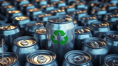 rows of chilled aluminum cans with one prominent can marked by a green recycling symbol, metallic sheen and water droplets conveying sustainability and hopeful eco-consciousness