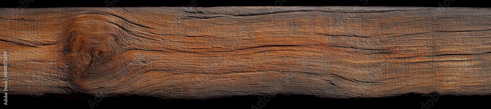 Fototapeta premium weathered wooden plank with knot and pronounced grain on a black background, warm rustic aged texture conveying rugged cozy feeling