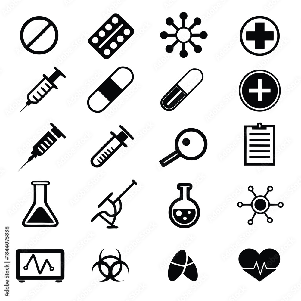 Obraz premium Collection of medical icons including pills syringes flasks and hazard symbols in black and white style
