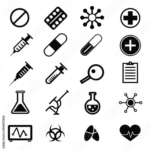 Collection of medical icons including pills syringes flasks and hazard symbols in black and white style