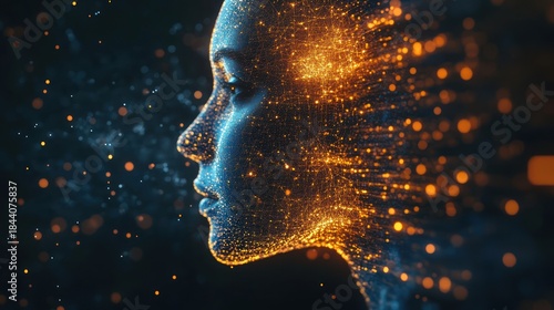 Woman's face, digital particles, dark background, AI concept, website header