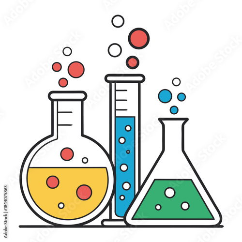 Illustration of three laboratory flasks with colored liquids and bubbles on a white background style line art