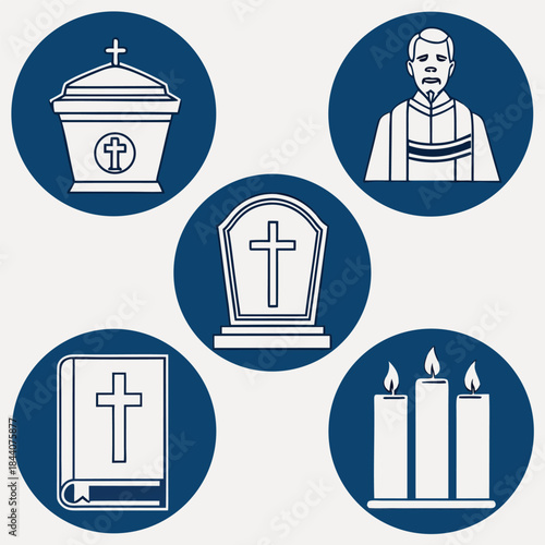 Illustration of religious symbols including a priest, candles, bible, and gravestone in circles