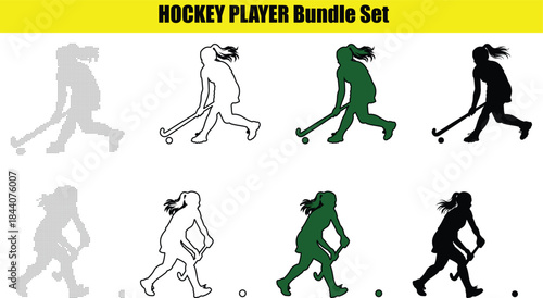 Hockey players, group of isolated vector silhouettes. Ice hockey ink drawings, woman hockey vector set 