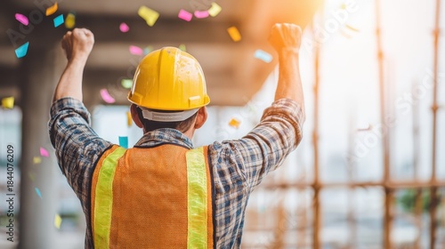 Construction worker with hard hat raising arms in celebratory gesture