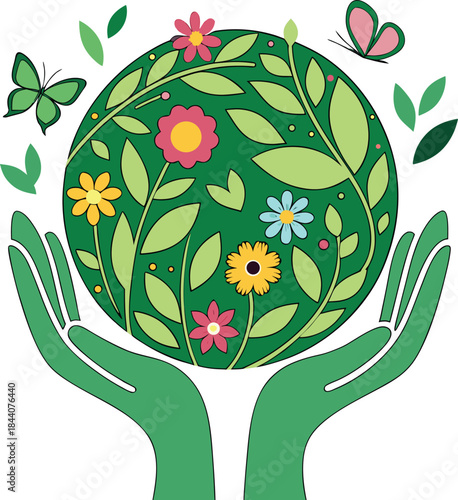 Green globe with flowers and leaves held by two hands with butterflies flying around it art design