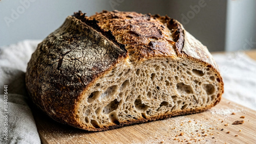 Freshly baked sourdough bread on wooden board