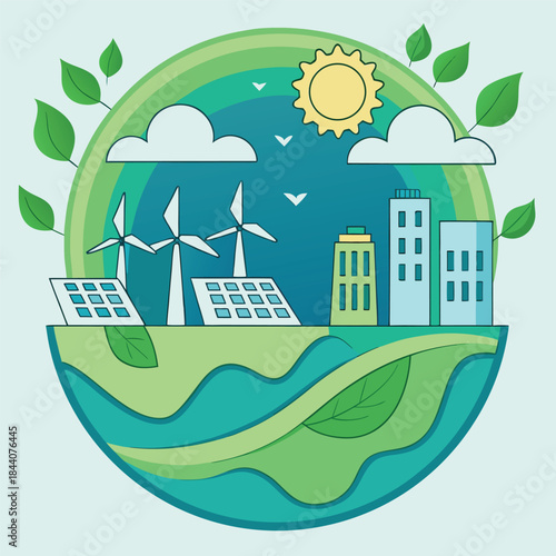 Illustration of a sustainable city with wind turbines solar panels and green energy sources design concept