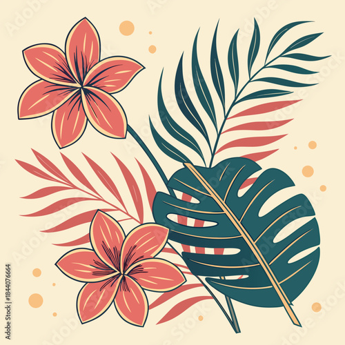 Illustration of tropical flowers and leaves with a light yellow background and orange dots decor