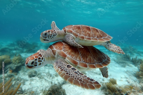 Two sea turtles swimming gracefully in clear ocean water