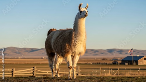 Cute fluffy American llama animal in outdoor countryside environment with natural fur detail wildlife mammal farm setting for stock photography commercial and educational use