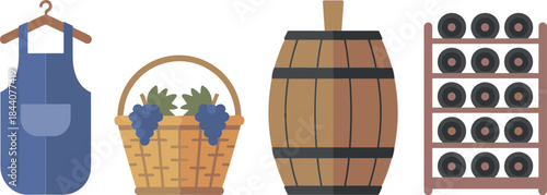 Wine making illustration set featuring apron, grape basket, wooden barrel, and wine rack storage elements for winery and cellar designs