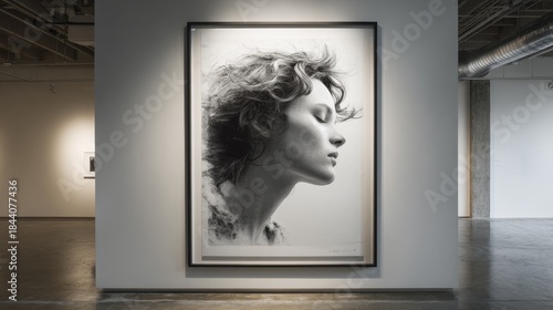 Minimalist white paper in matte black wooden frame hanging in art gallery with polished concrete floors and white walls, high key lighting, modern interior design, clean and simple exhibition display.