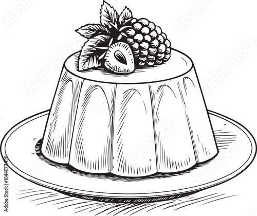 Panna cotta Dessert on Plate Hand-drawn Sketch Drawing Vector Illustration, Line Linear Symbol Engraving Coloring Book, Black and White Isolated